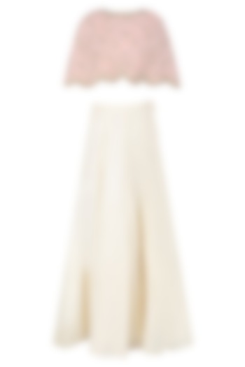 Pink Floral Embroidered Cape and Cream Skirt Set by Malasa