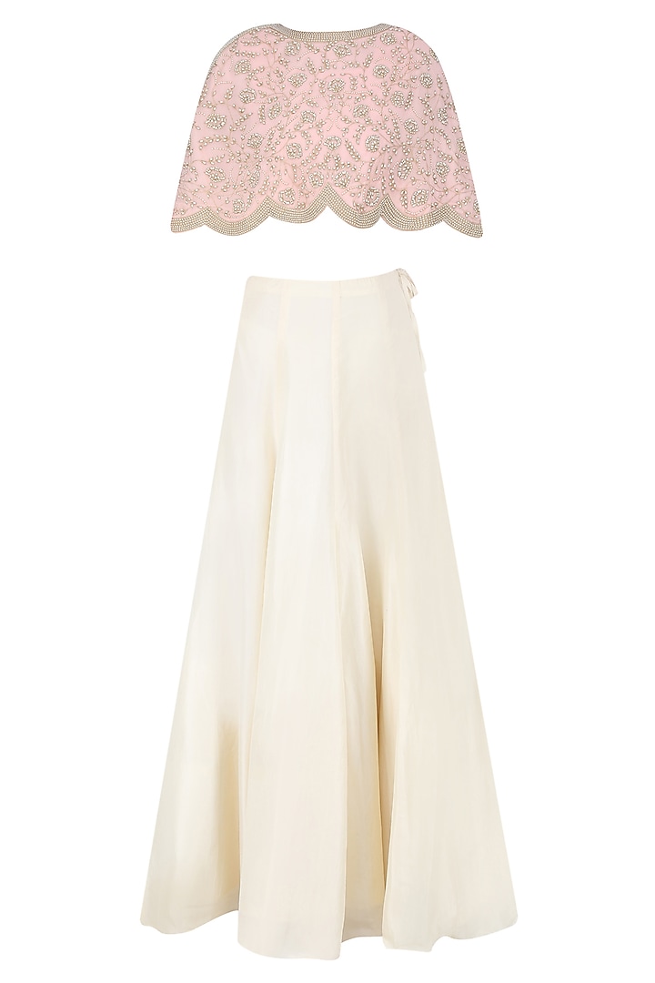 Pink Floral Embroidered Cape and Cream Skirt Set by Malasa