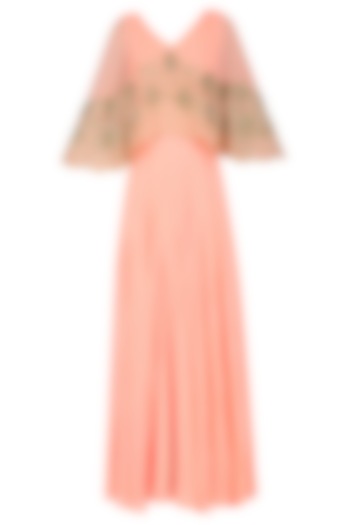 Peach Floral Sequins and Tar Embroidered Cape Anarkali Set by Malasa