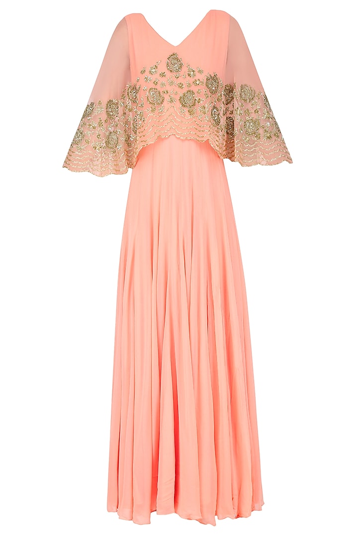 Peach Floral Sequins and Tar Embroidered Cape Anarkali Set by Malasa