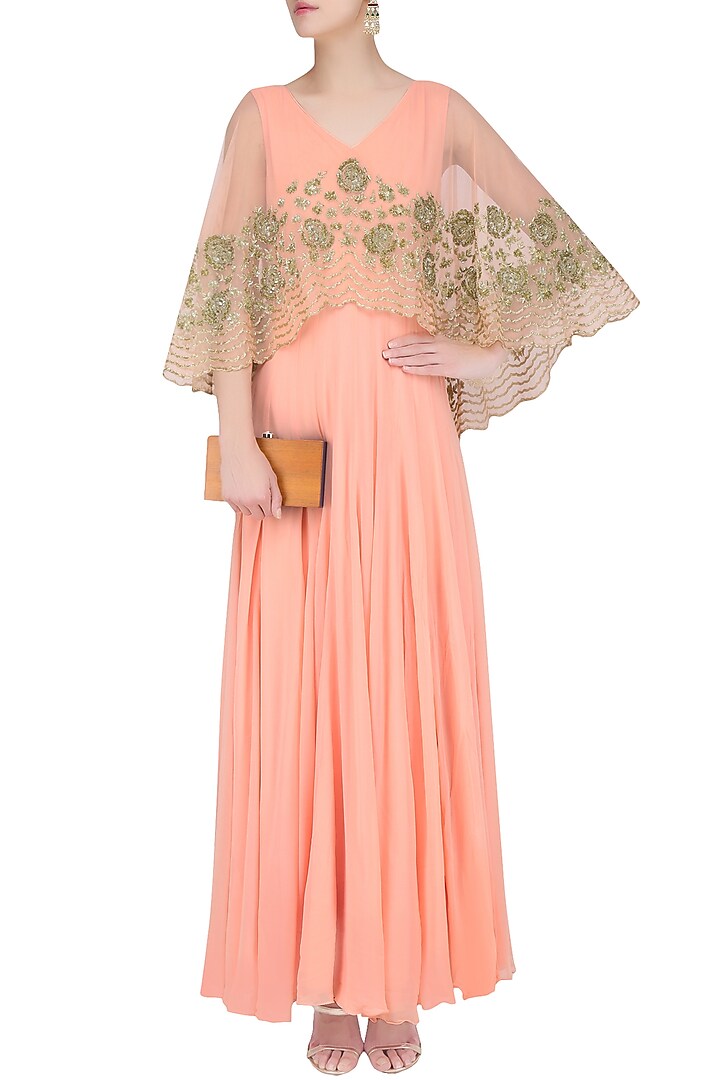 Peach floral sequins and tar embroidered cape anarkali set available only at Pernia's Pop Up Shop.