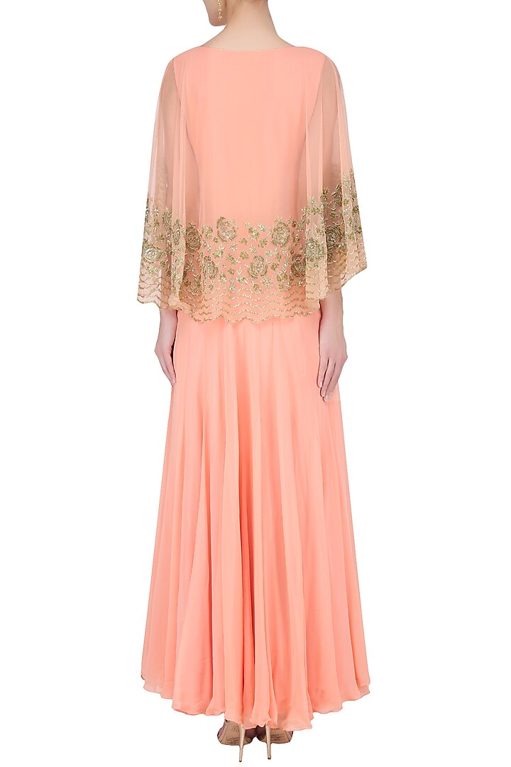 Peach floral sequins and tar embroidered cape anarkali set available only at Pernia's Pop Up Shop.