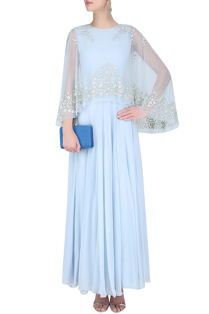 Ice blue floral embroidered cape anarkali set available only at Pernia's Pop Up Shop.