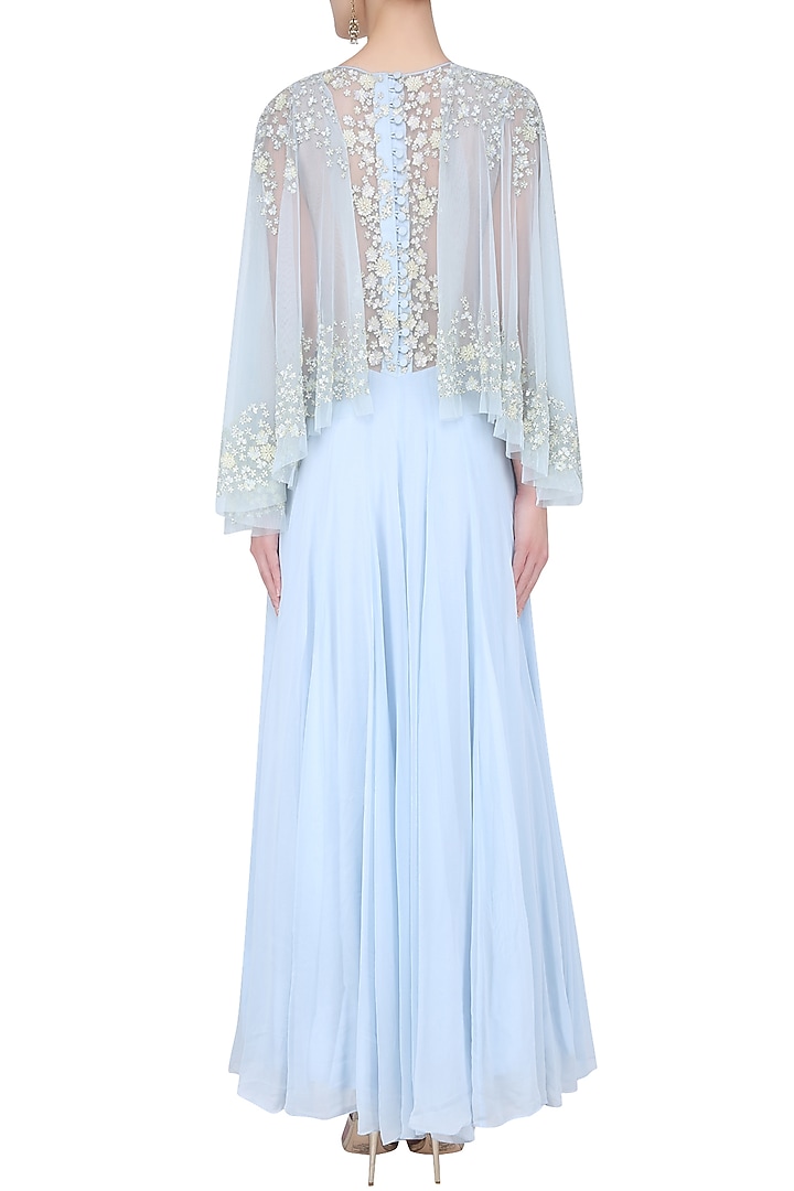 Ice blue floral embroidered cape anarkali set available only at Pernia's Pop Up Shop.
