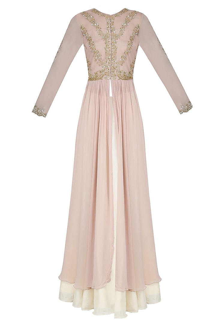 Champagne Color Floral Embroidered Anarkali and Cream Skirt Set by Malasa