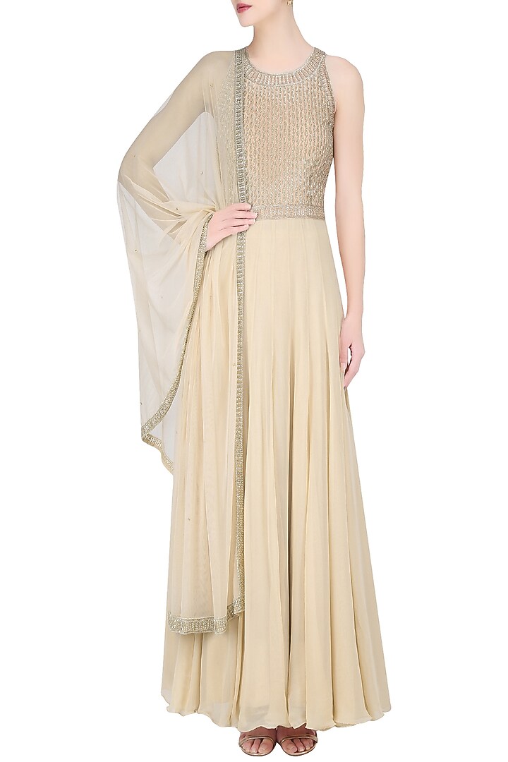 Almond color embroidered kalidaar anarkali set available only at Pernia's Pop Up Shop.
