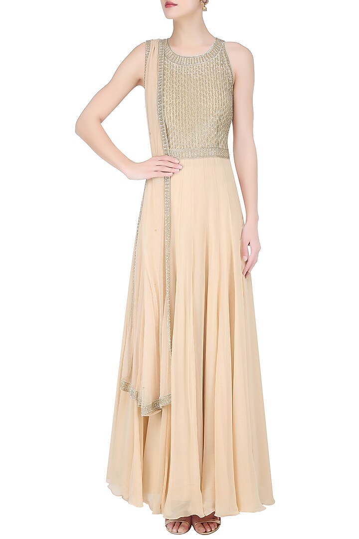 Almond color embroidered kalidaar anarkali set available only at Pernia's Pop Up Shop.