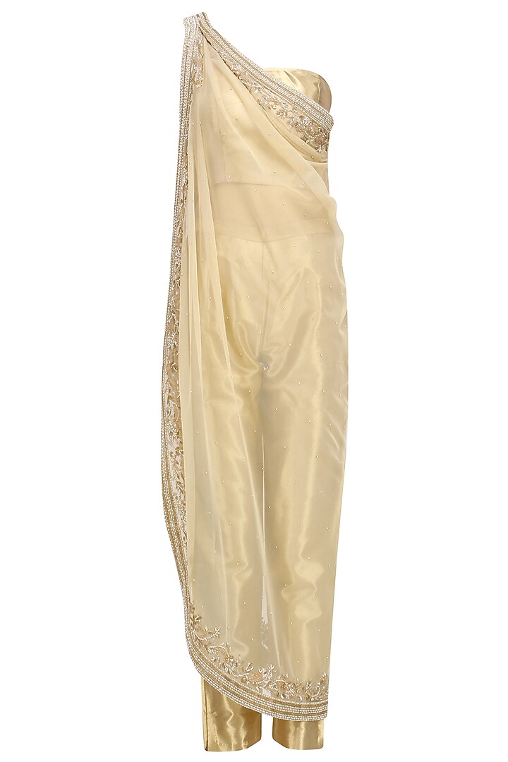 Gold Stones Embrooidered One Shoulder Jacket, Tube and Pants Set by Malasa