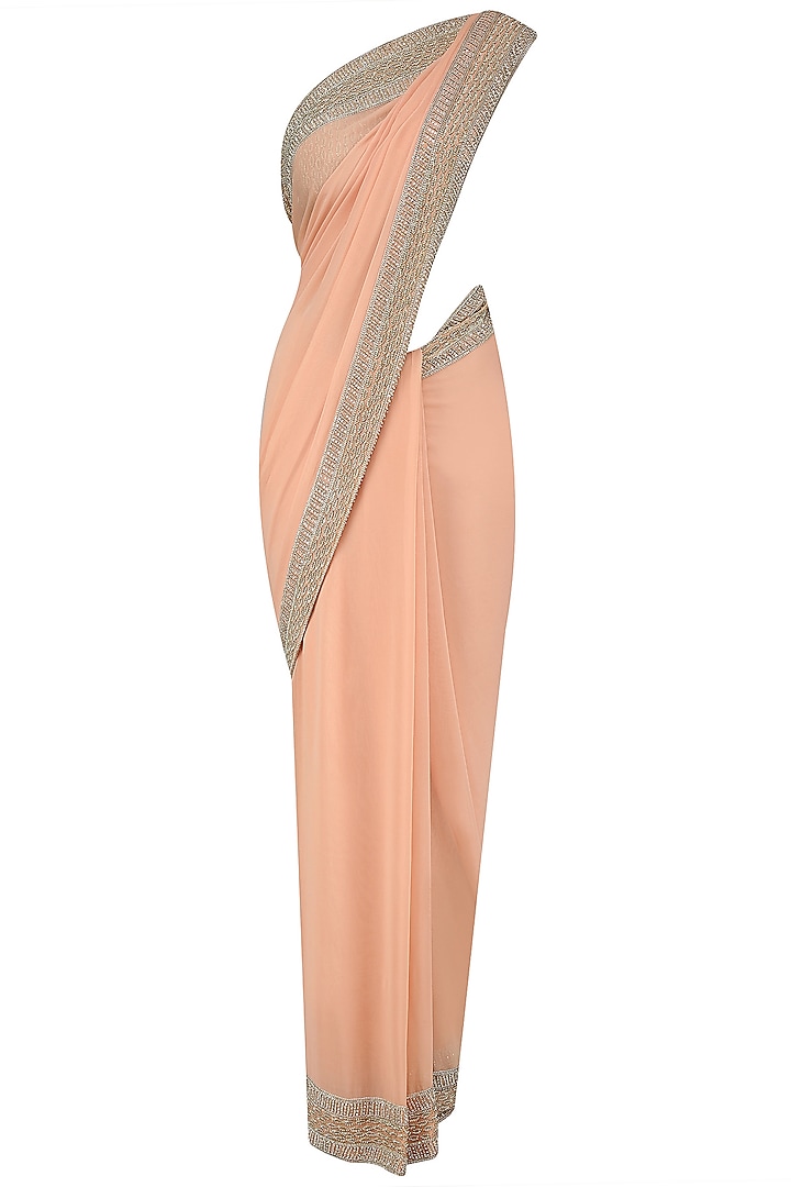 Peach and Gold Embroidered Saree and Blouse Set by Malasa