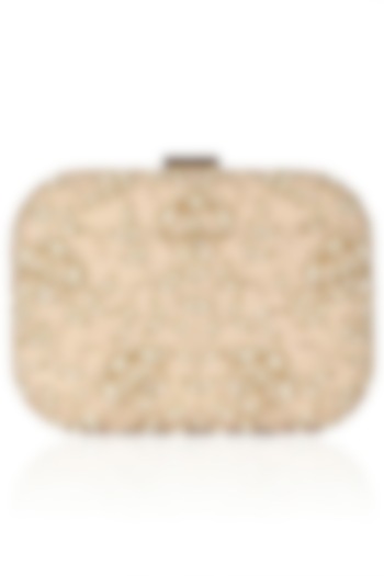 Nude Pink Floral Pearl Embroidered Square Box Clutch by Malasa