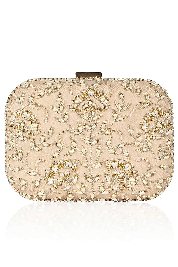 Nude Pink Floral Pearl Embroidered Square Box Clutch by Malasa