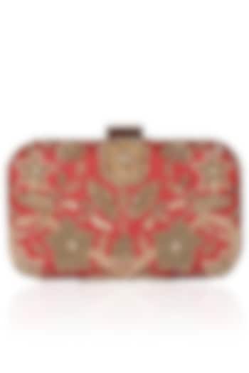 Red And Gold Floral Zardozi And Sequins Embroidered Box Clutch by Malasa