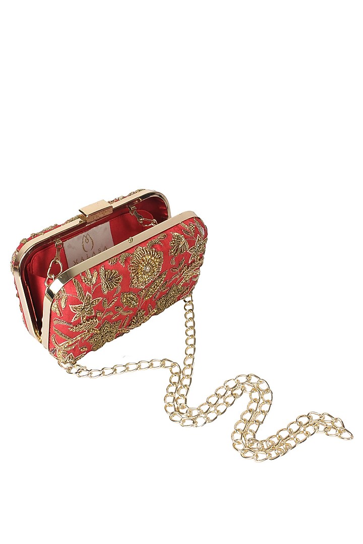 Malasa presents Red and gold floral zardozi and sequins embroidered box clutch available only at Pernia's Pop Up Shop.