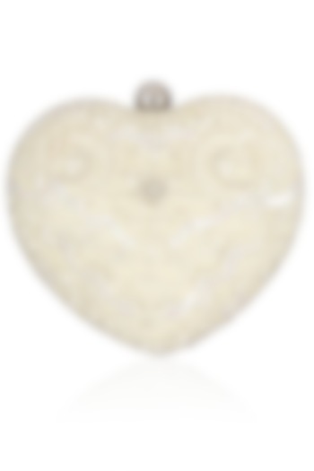 Ivory Pearls And Beads Embroidered Heart Shaped Clutch by Malasa