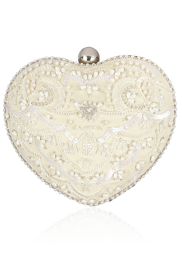 Ivory Pearls And Beads Embroidered Heart Shaped Clutch by Malasa