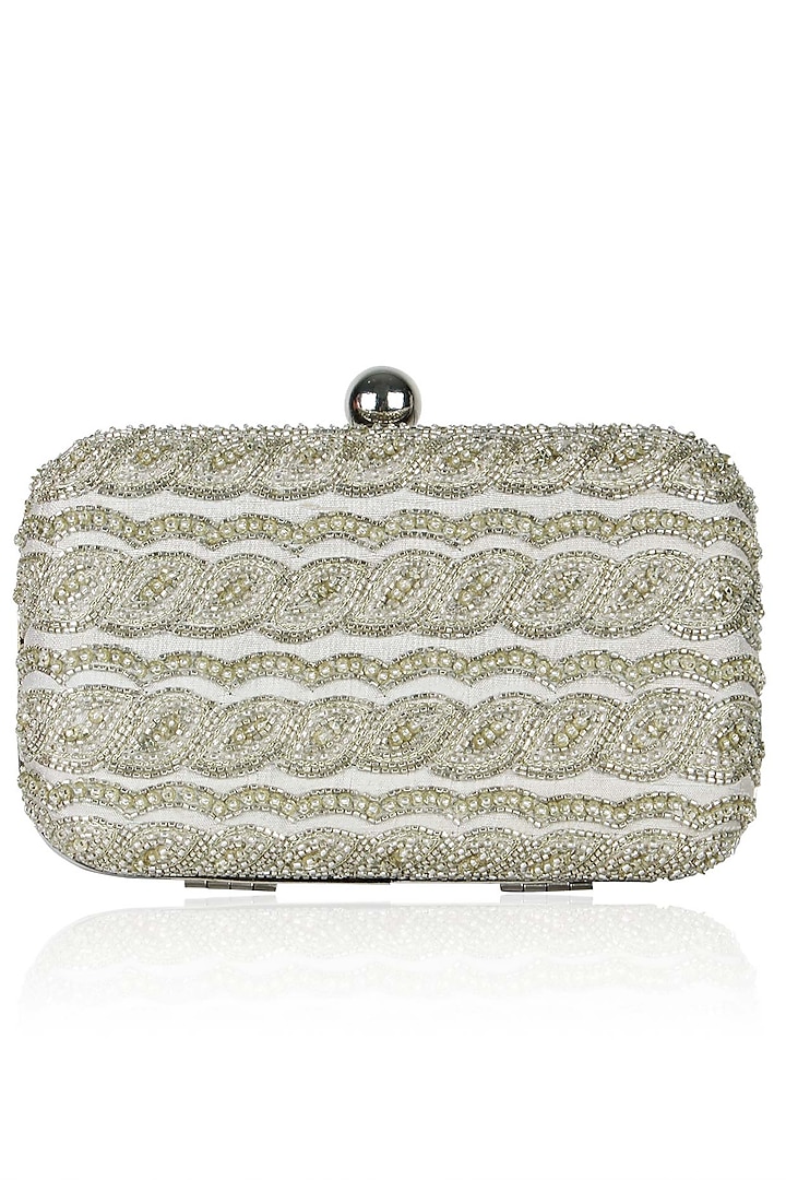Silver Beads And Cutdana Embroidered Box Clutch by Malasa