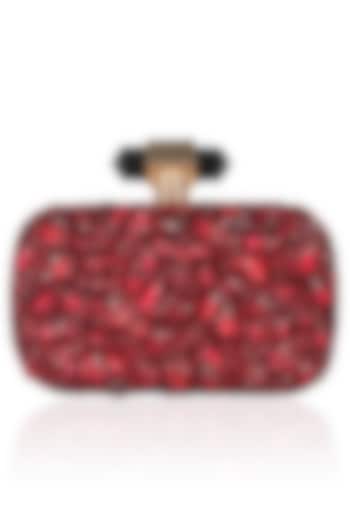 Burgundy Beads And Stone Embroidered Box Clutch by Malasa