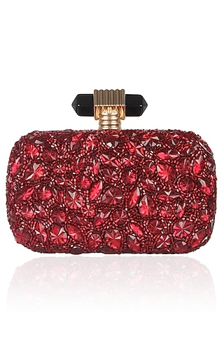 Burgundy Beads And Stone Embroidered Box Clutch by Malasa