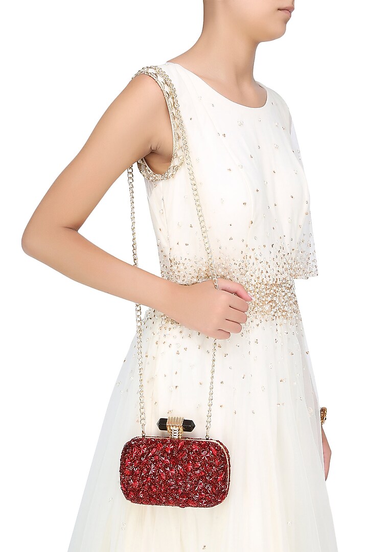 Malasa presents Burgundy beads and stone embroidered box clutch available only at Pernia's Pop Up Shop.