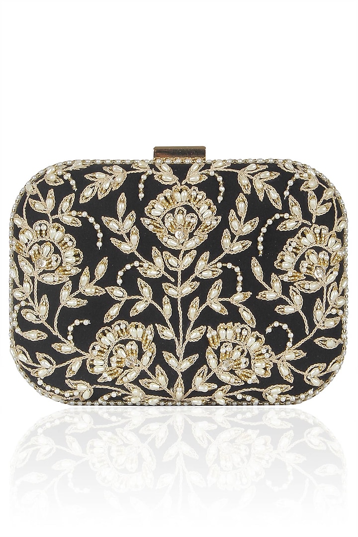 Black Floral Pearl Embroidered Square Box Clutch by Malasa