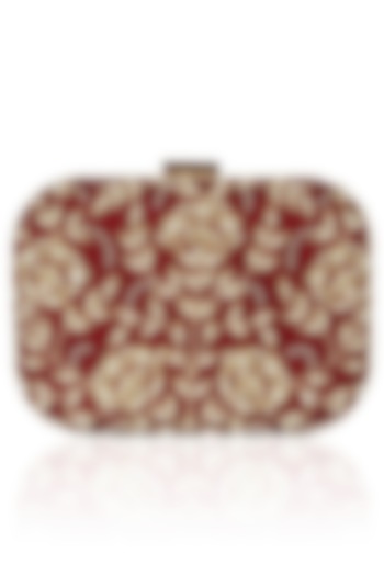 Maroon Floral Pearl Embroidered Square Box Clutch by Malasa