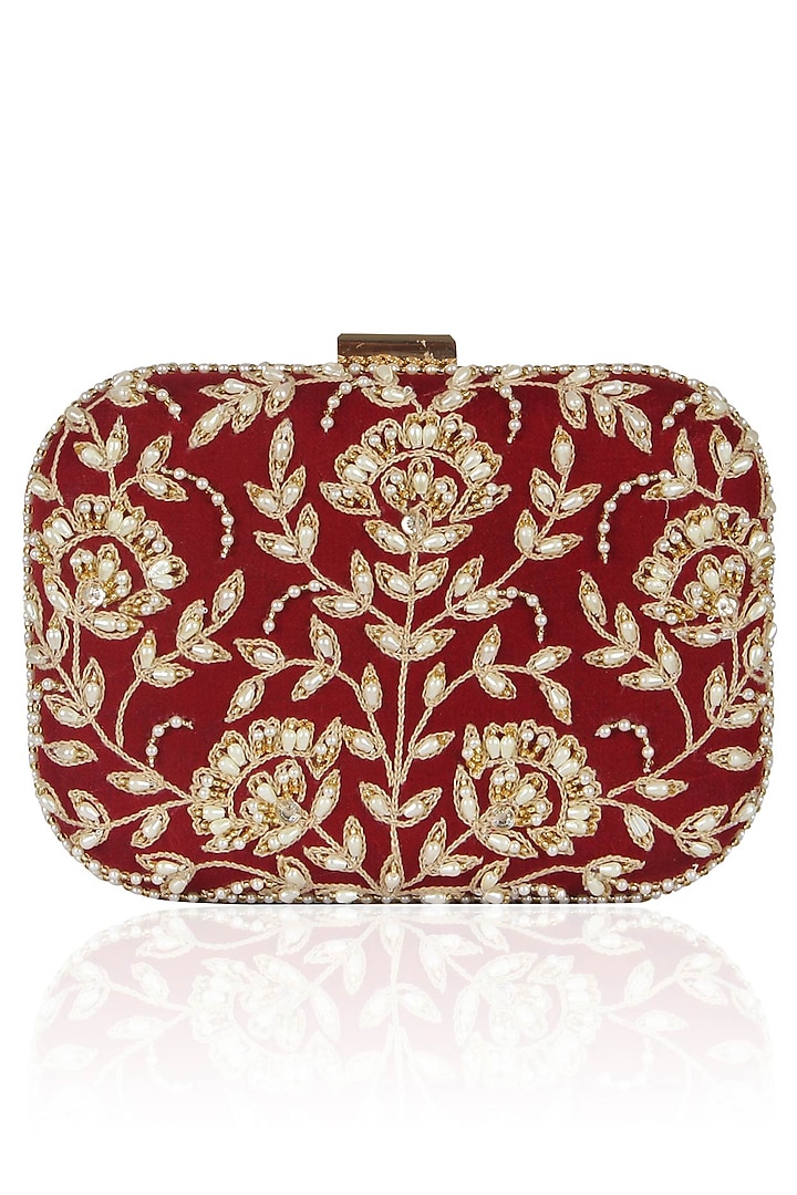 Malasa presents Maroon floral pearl embroidered square box clutch available only at Pernia's Pop Up Shop.