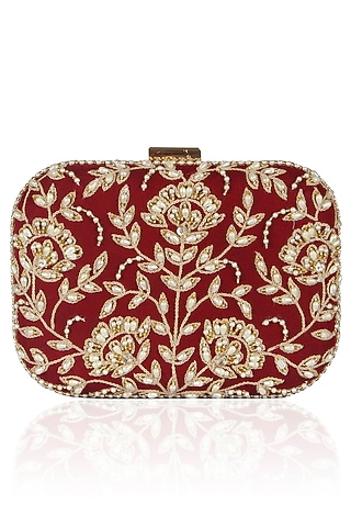 Maroon Floral Pearl Embroidered Square Box Clutch by Malasa
