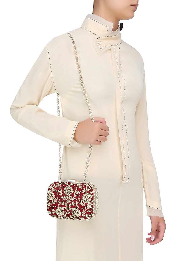 Malasa presents Maroon floral pearl embroidered square box clutch available only at Pernia's Pop Up Shop.