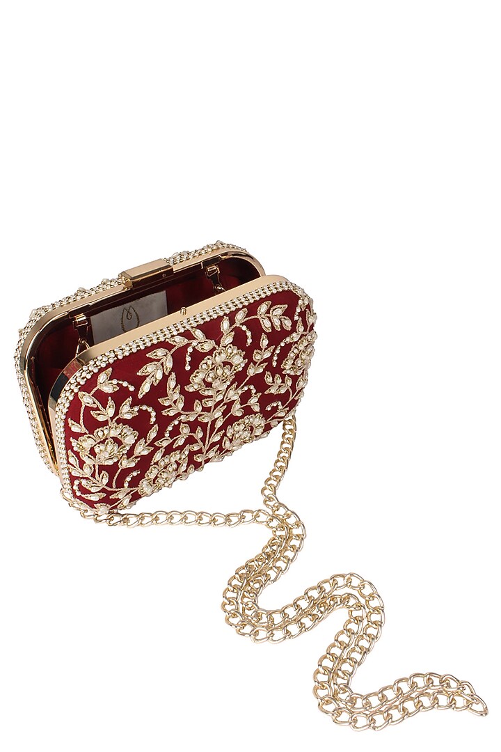 Malasa presents Maroon floral pearl embroidered square box clutch available only at Pernia's Pop Up Shop.