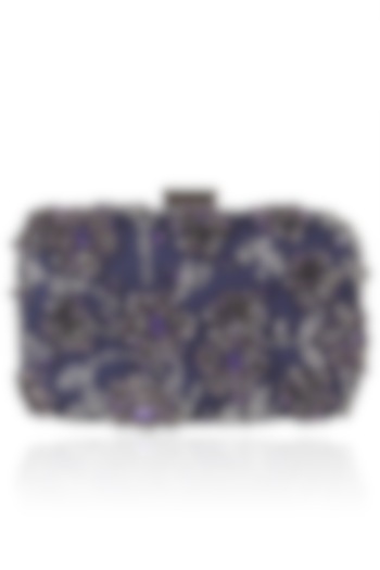 Blue Floral Stone And Beads Embroidered Box Clutch by Malasa