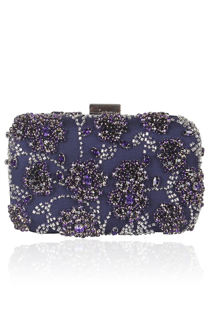 Blue Floral Stone And Beads Embroidered Box Clutch by Malasa