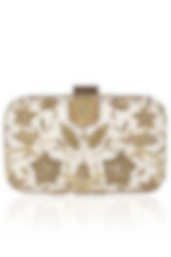 Ivory And Gold Floral Zardozi And Sequins Embroidered Box Clutch by Malasa