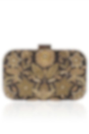 Black And Gold Floral Zardozi And Sequins Embroidered Box Clutch by Malasa