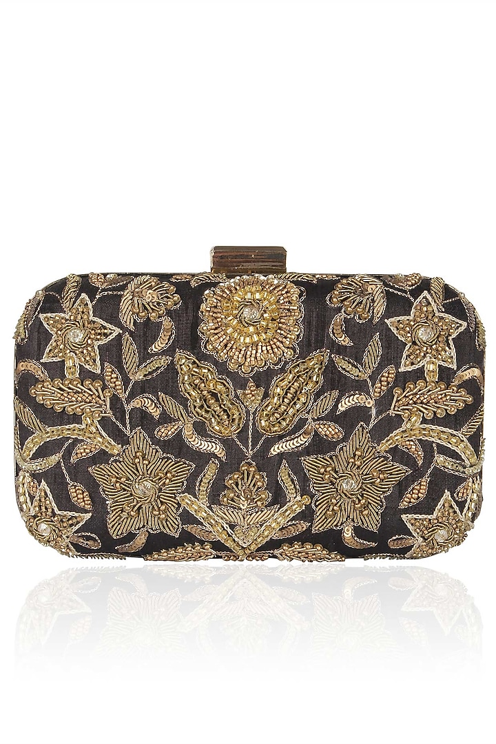 Black And Gold Floral Zardozi And Sequins Embroidered Box Clutch by Malasa