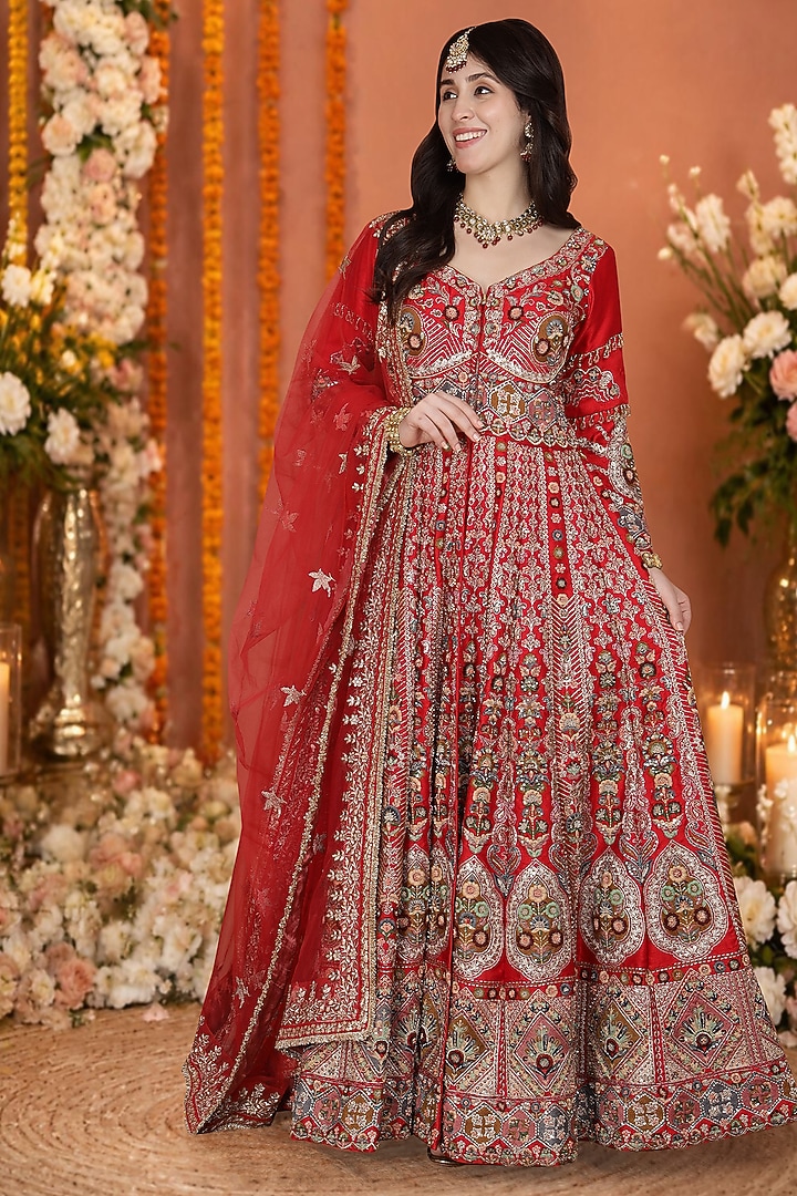 Red Viscose Dupion Silk Floral Hand Embroidered Bridal Anarkali Set by Milu Madan at Pernia's Pop Up Shop