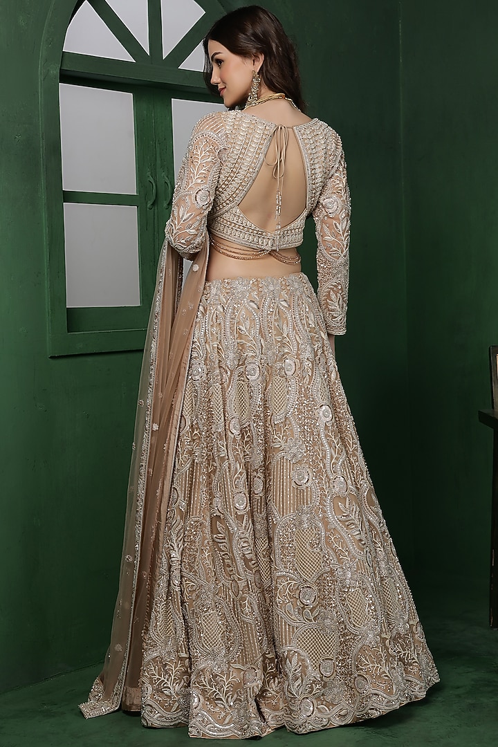 Light Beige Net Hand Embroidered Wedding Lehenga Set by Milu Madan at Pernia's Pop Up Shop