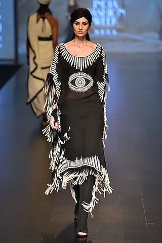 Black and off white Third Eye Chakra Cape and Fringe Tights by Malini Ramani