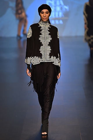 Black and off white Chakra Wizard Cape and Wizard Pants by Malini Ramani
