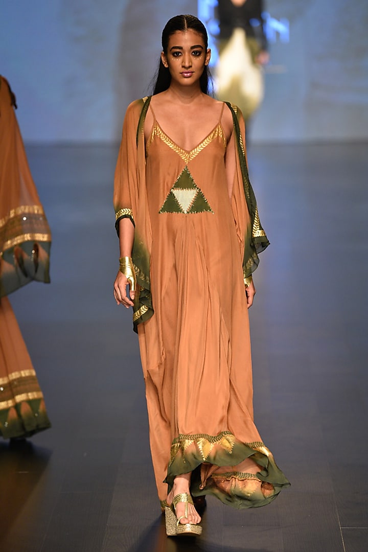 Caramel and olive pyramind evening ceremony Dress and Cape by Malini Ramani