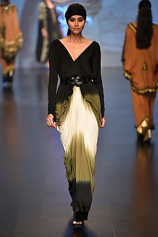 Black, off white and olive shamanic saree dress by Malini Ramani
