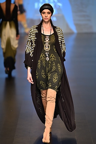 Black and olive chakra truth cape and Ikkat Shakti Jumpsuit by Malini Ramani