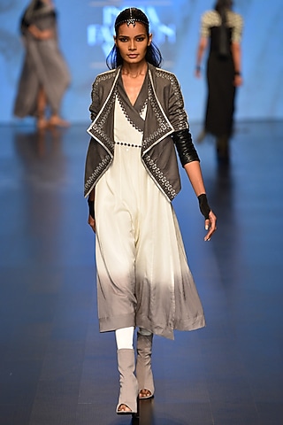 Grey Kama jacket and Shanti Wrap Dress by Malini Ramani