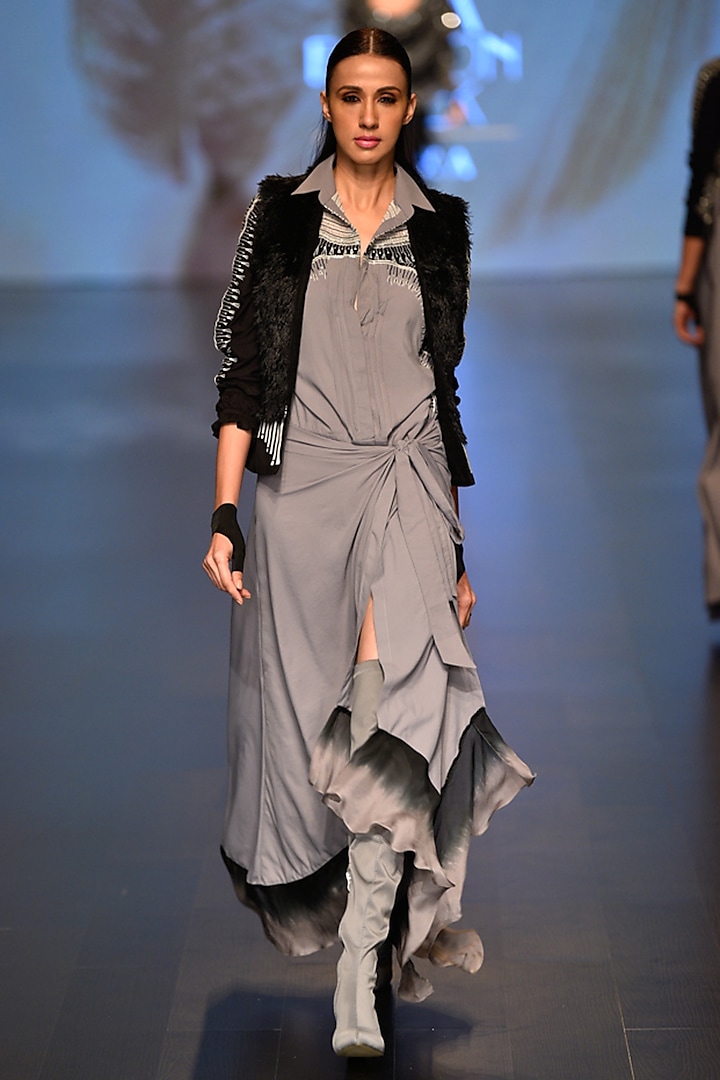 Grey High Vibe Wrap dress and Chakra Waist coat by Malini Ramani