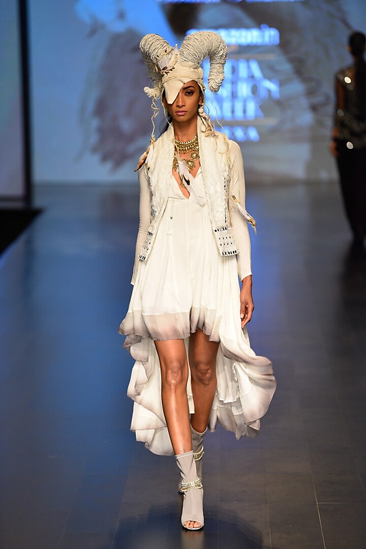 White Kundalini Mirror Waistcoat and Anahata Flow dress by Malini Ramani