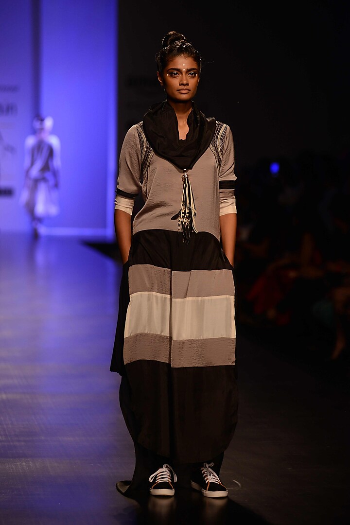 Brown, White and Black Striped Tunic by Malini Ramani