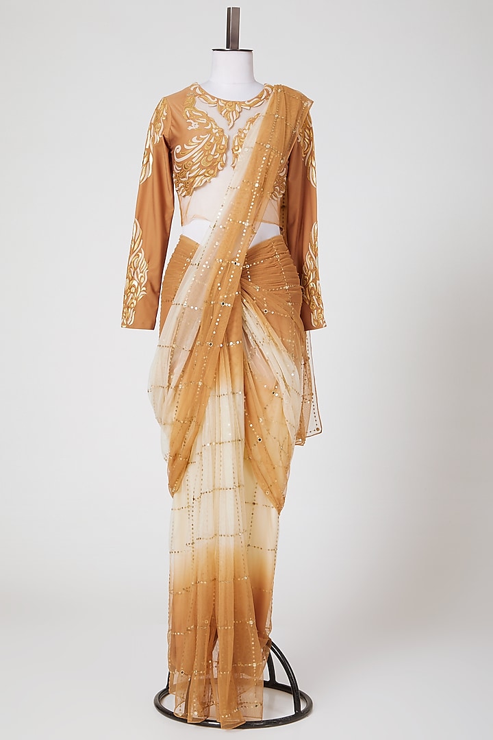 Ochre Shaded Saree Set by Malini Ramani
