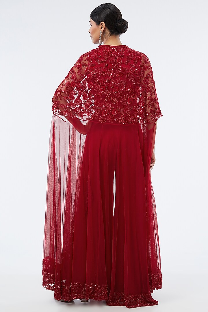 Red Net Cutdana Embroidered Cape Set by Malasa at Pernia's Pop Up Shop