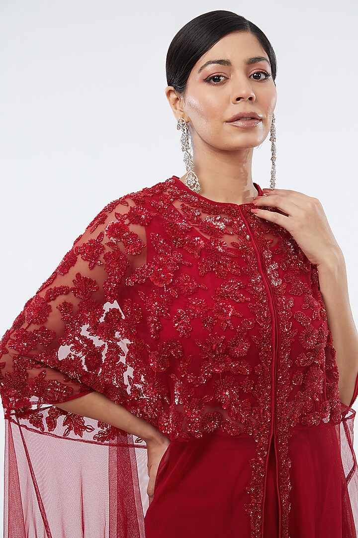Red Net Cutdana Embroidered Cape Set by Malasa at Pernia's Pop Up Shop