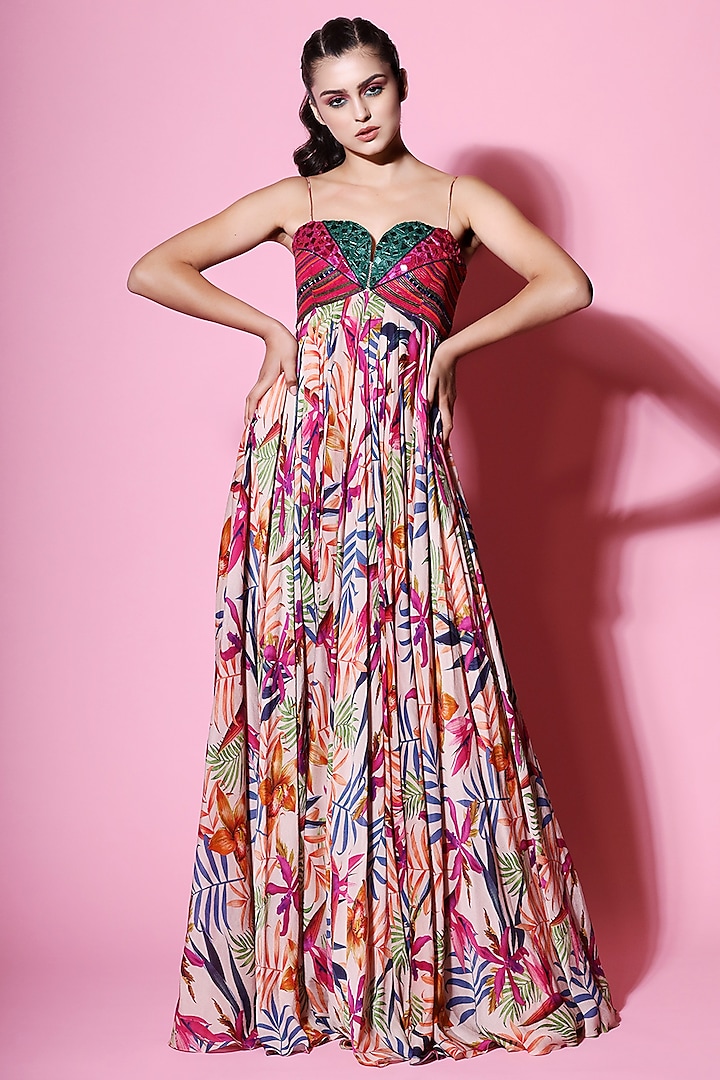 Multi Colored Embellished Printed Dress by Mahima Mahajan