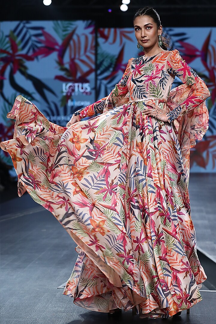 Multi Colored Embellished & Printed Anarkali With Dupatta by Mahima Mahajan at Pernia's Pop Up Shop